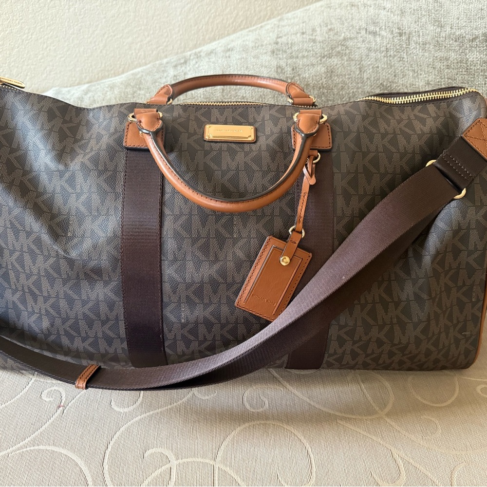 Michael Kors Brown Duffel Bag with Leather Trim and Gold Hardware
